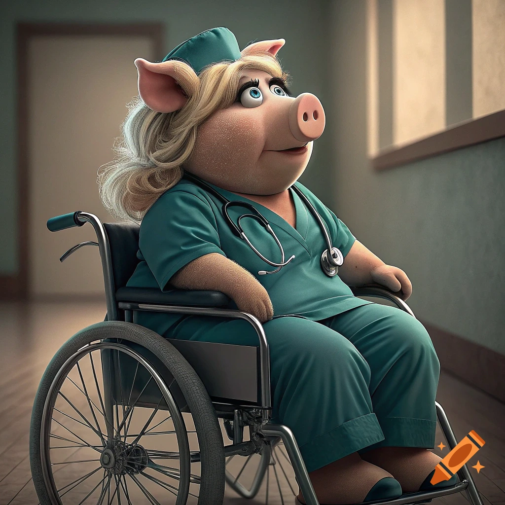 Miss Piggy in teal scrubs and stethoscope sits in a wheelchair in a hospital hallway. Realistic render.