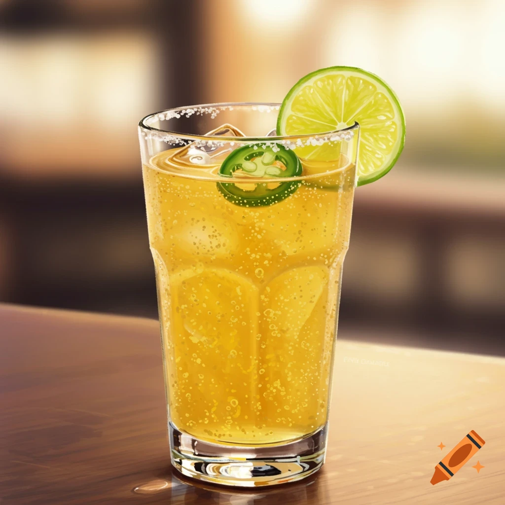 A fizzy yellow drink with ice, lime, and jalapeno in a tall glass on a wooden table.