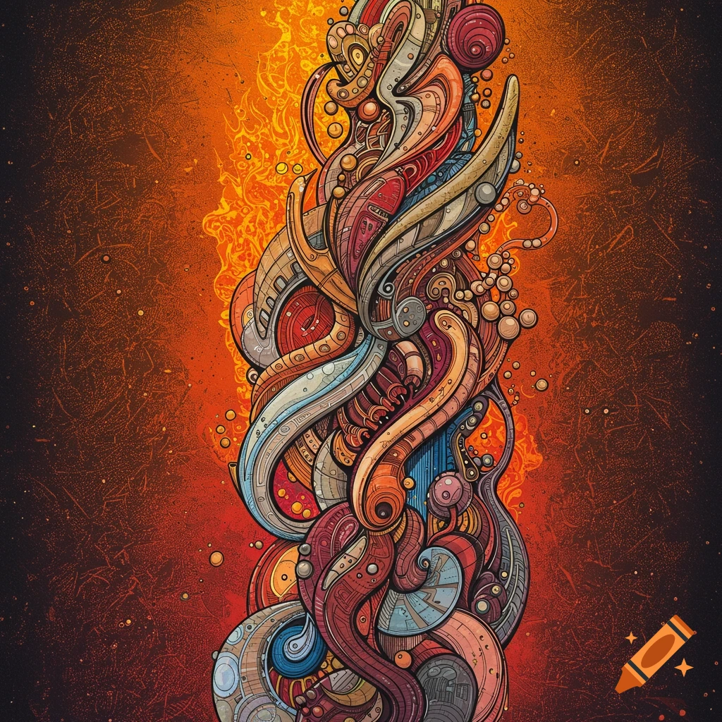An abstract drawing with colorful, intertwined organic and mechanical shapes against an orange, textured background.