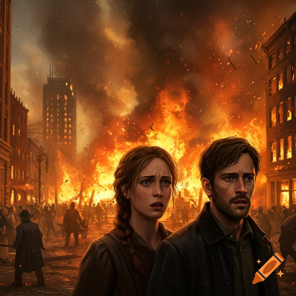 Man and woman watch a large city fire engulf buildings with chaotic figures in the background.