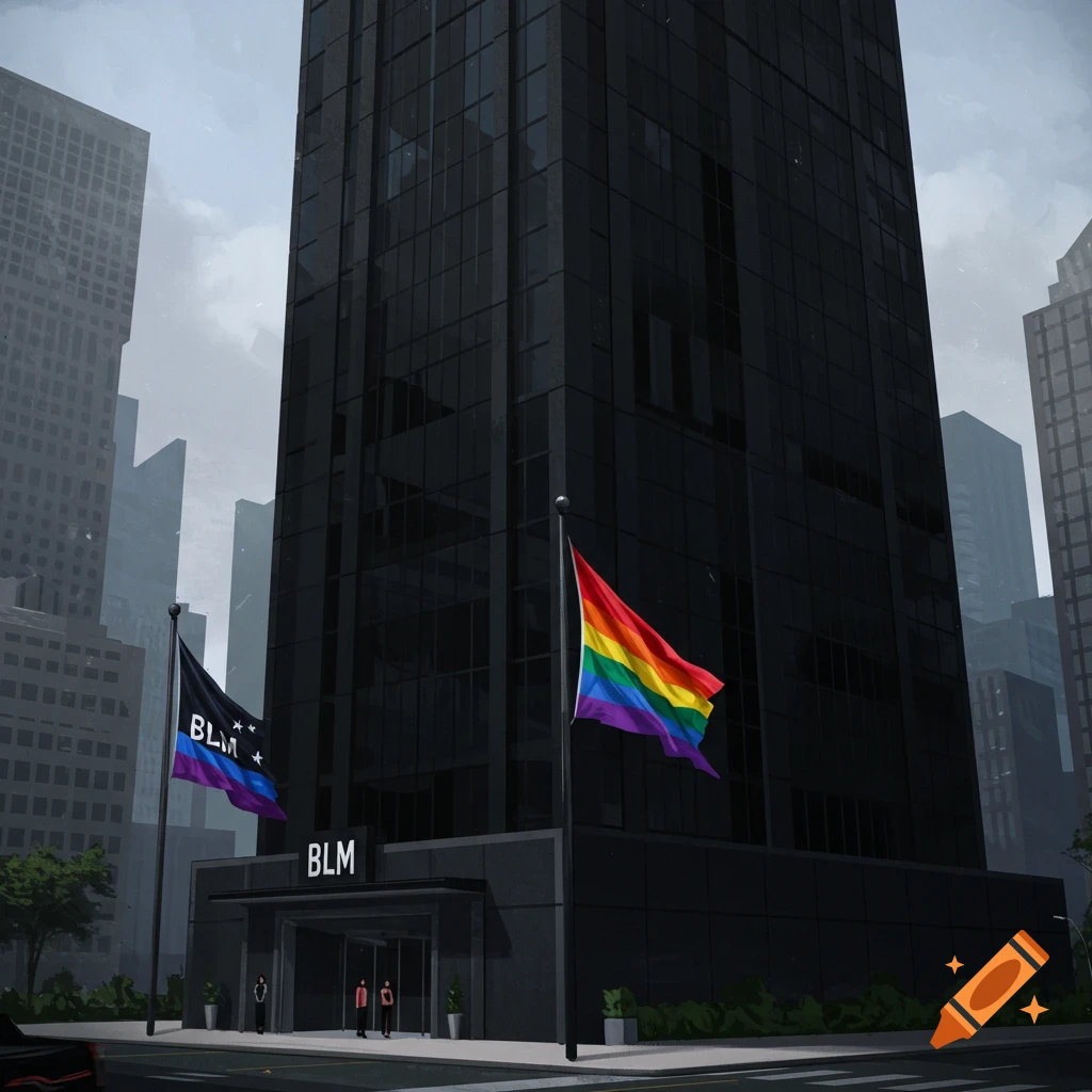 A dark building in a city flies Black Lives Matter and Pride flags.