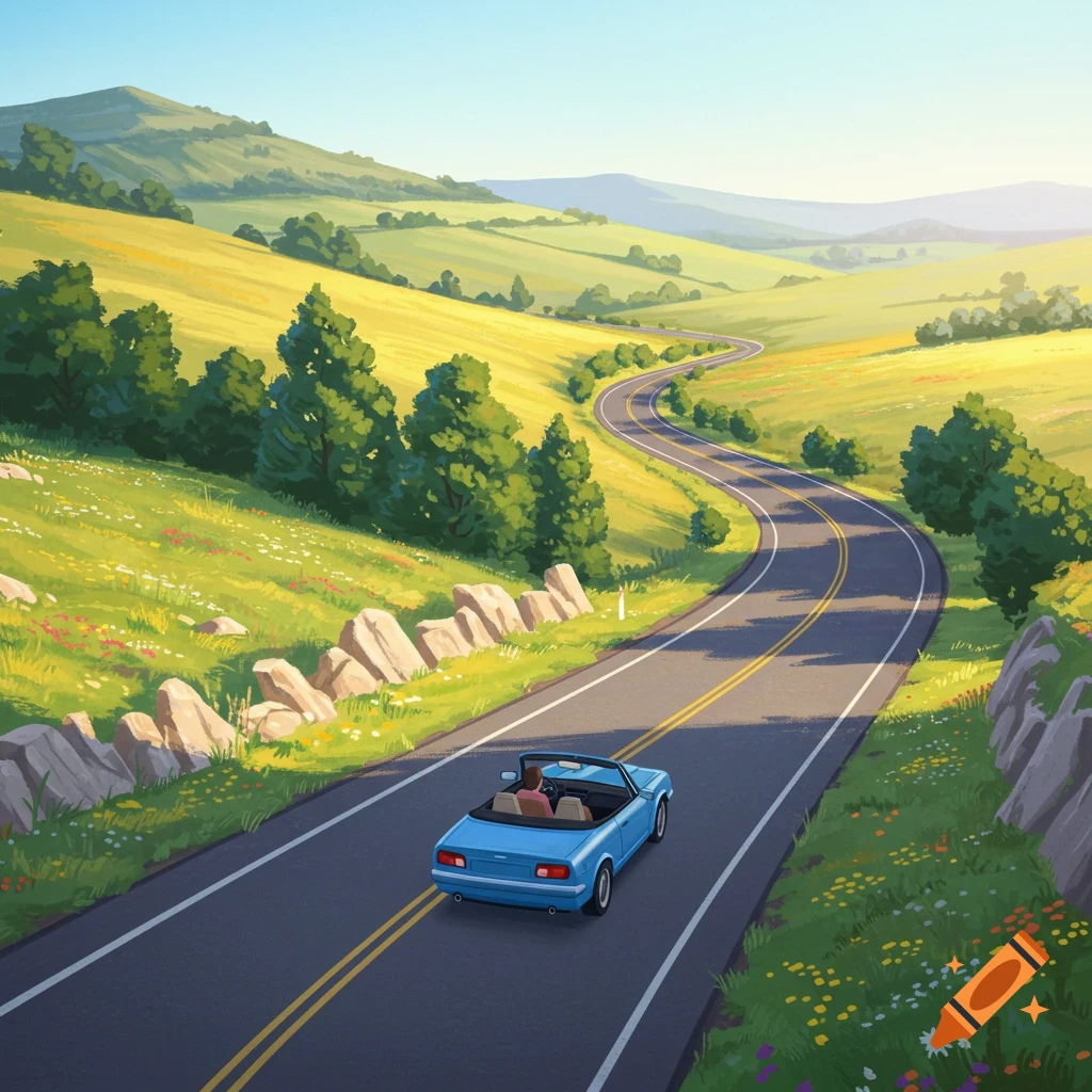 Blue convertible driving on a winding road through green rolling hills in a sunny, illustrative style.