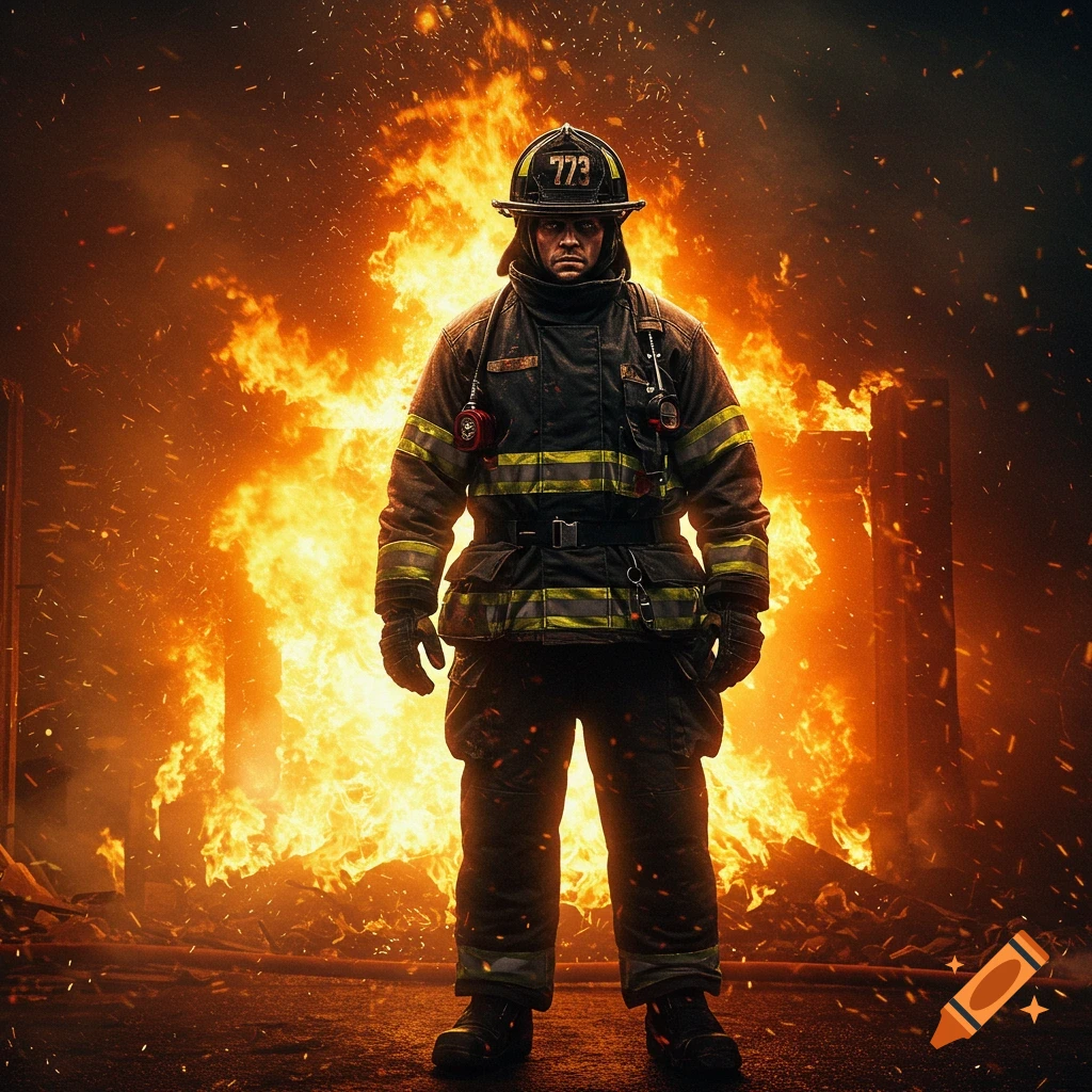 A firefighter stands in front of a large fire