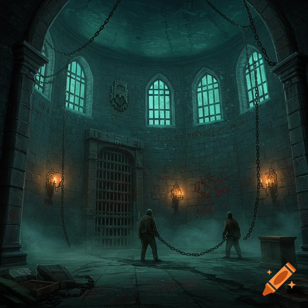 Dark fantasy prison cell with gothic windows, a barred door, hanging chains, two figures in chains, torches on the walls, and blood on the floor.