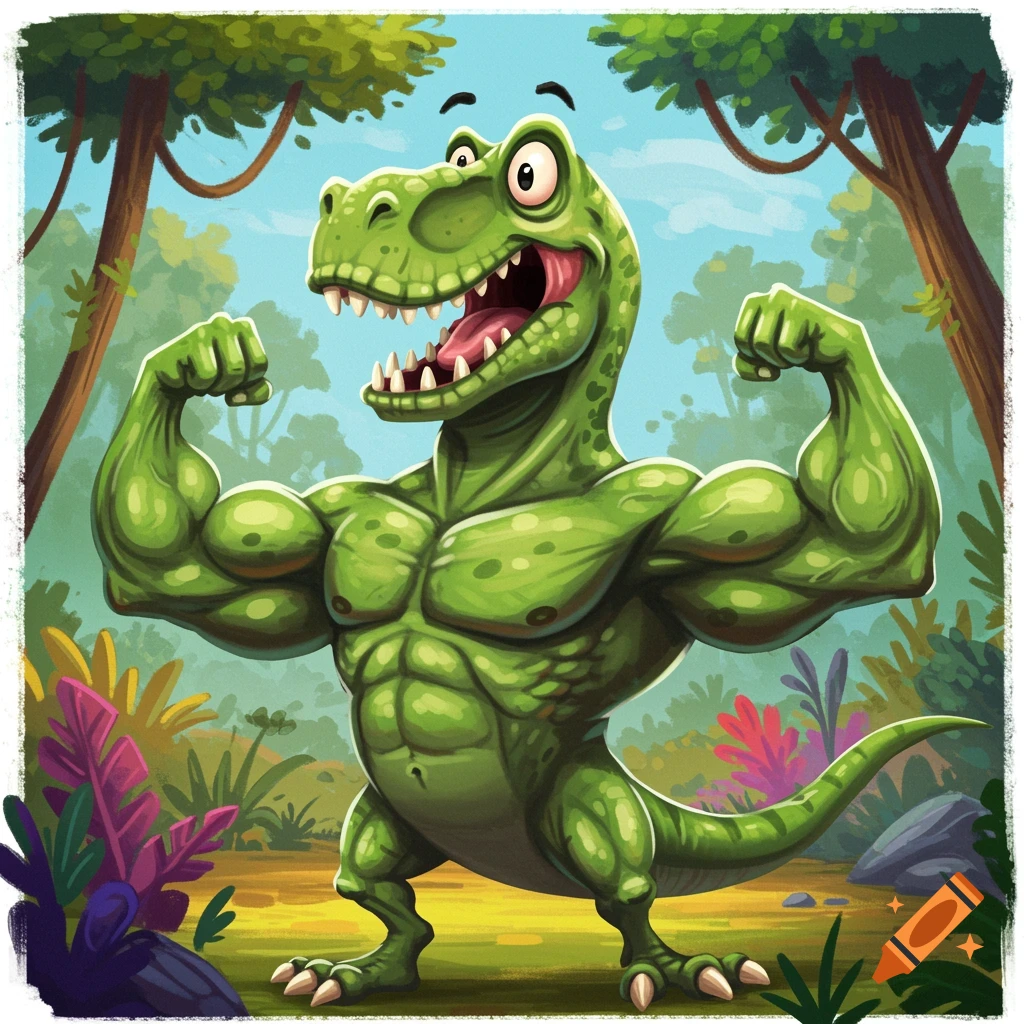 A goofy T-Rex flexing its biceps