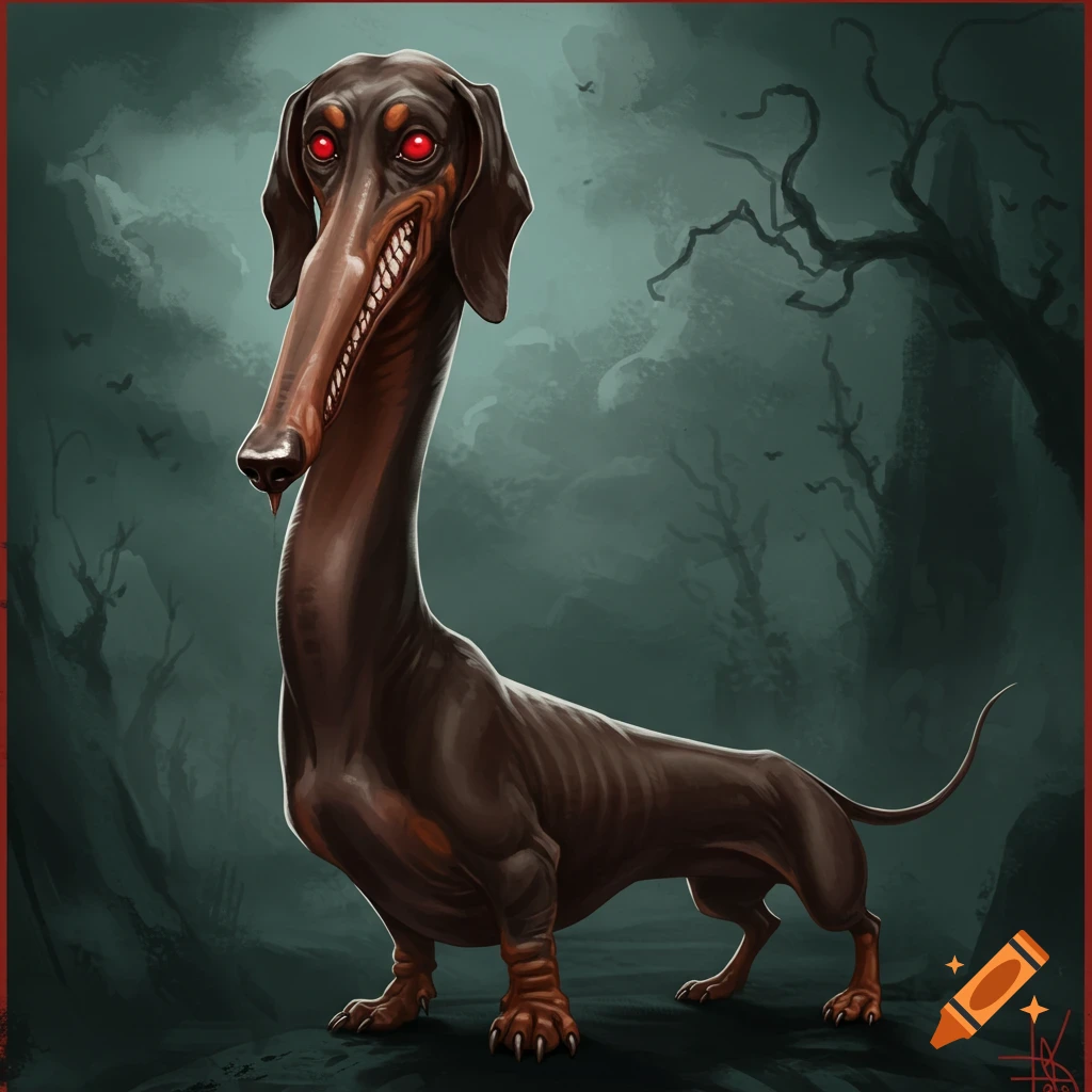 A tall, scary dachshund illustration with red eyes and sharp teeth in a dark spooky forest.
