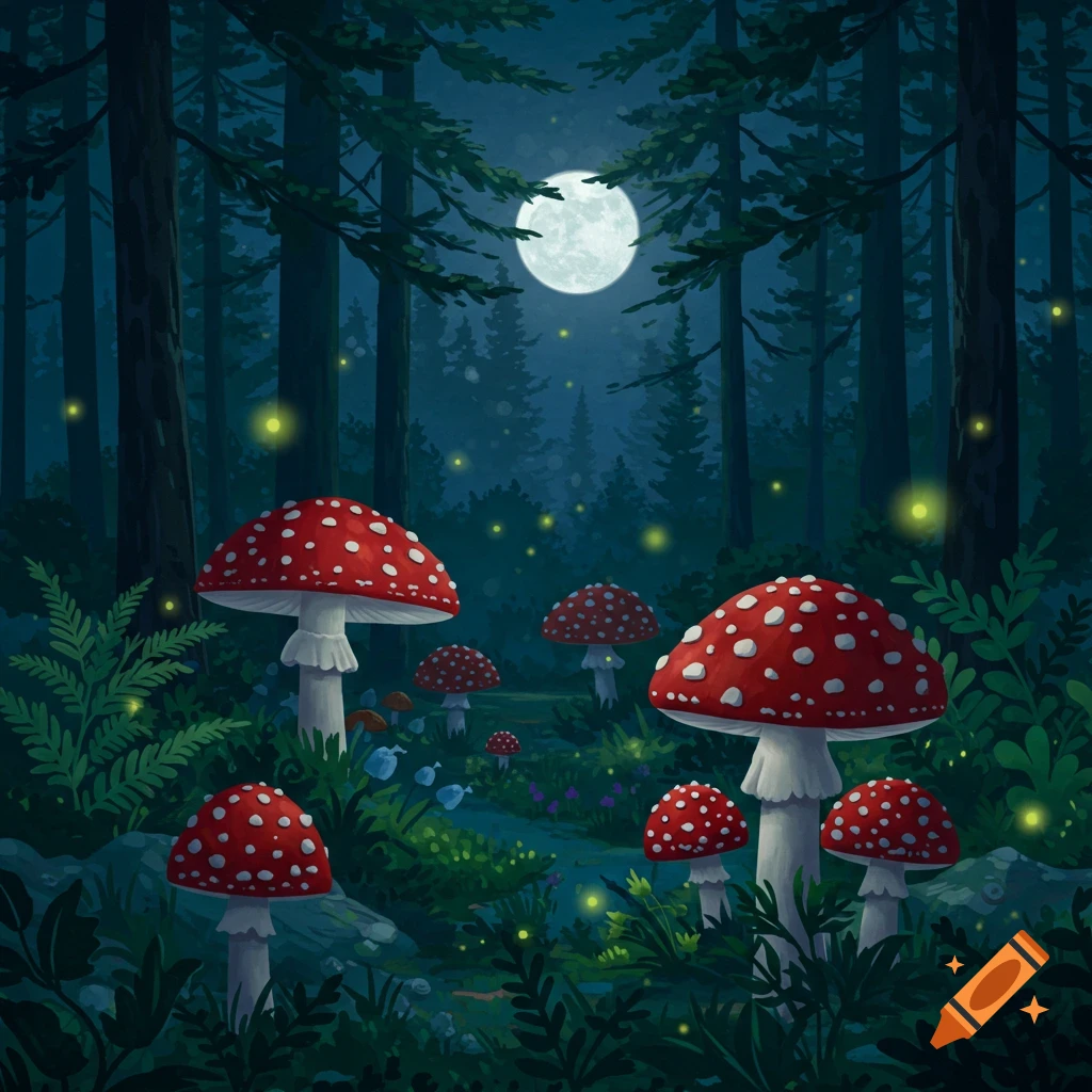A whimsical forest scene at night with large red and white polka-dotted mushrooms, fireflies, and a full moon visible through the trees.