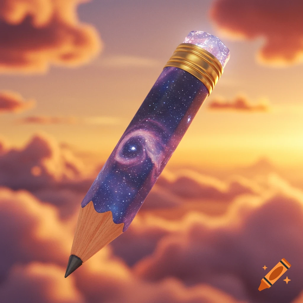 A magical pencil with a galaxy pattern floats in a sky filled with clouds and a warm sunset light.
