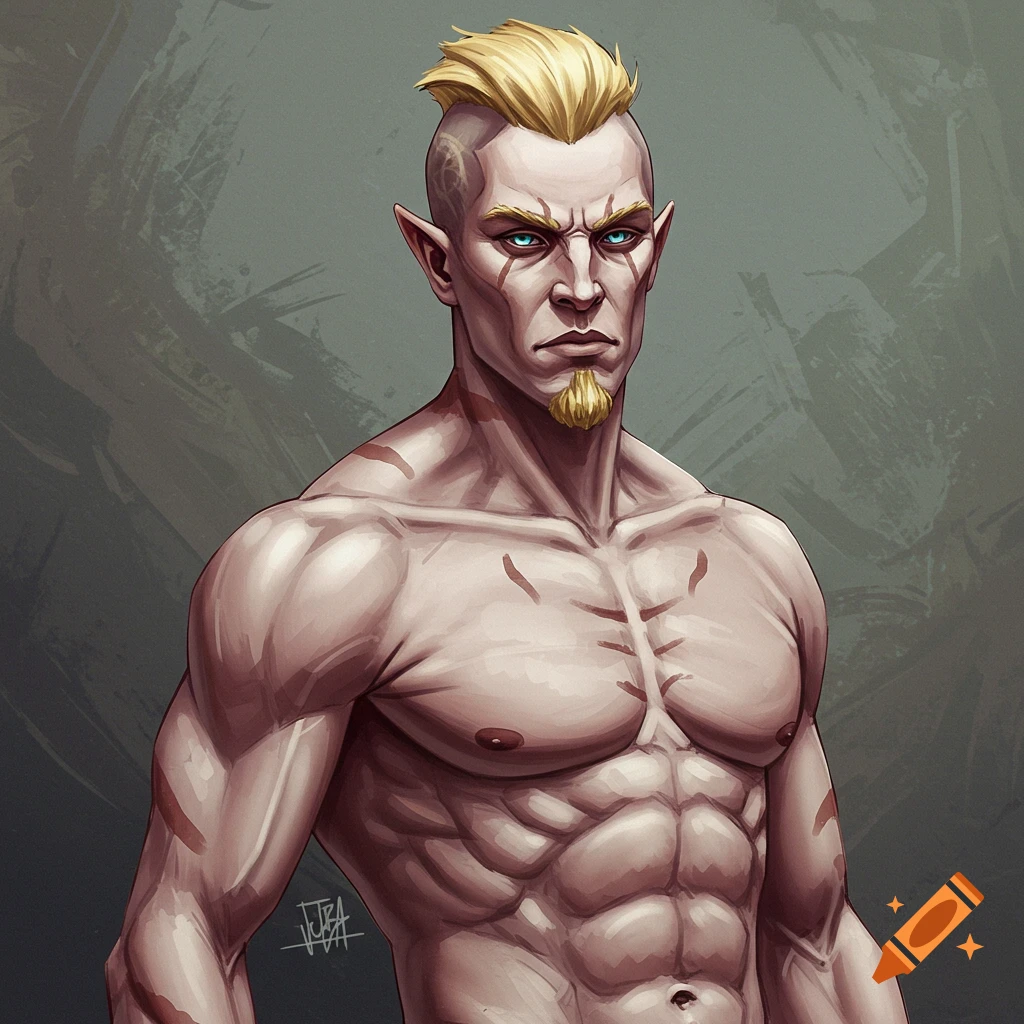 Illustration of a muscular man with pointed ears, blonde hair, and goatee, looking serious