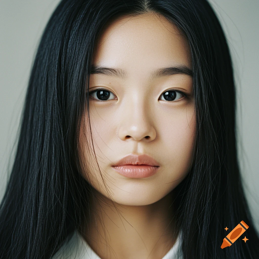 Photorealistic close-up portrait of a young woman with long black hair