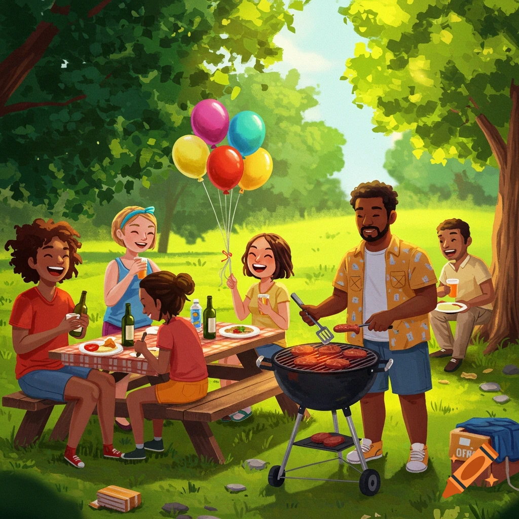 Illustration of a diverse group having a cookout in a park with a grill, picnic table, and balloons.