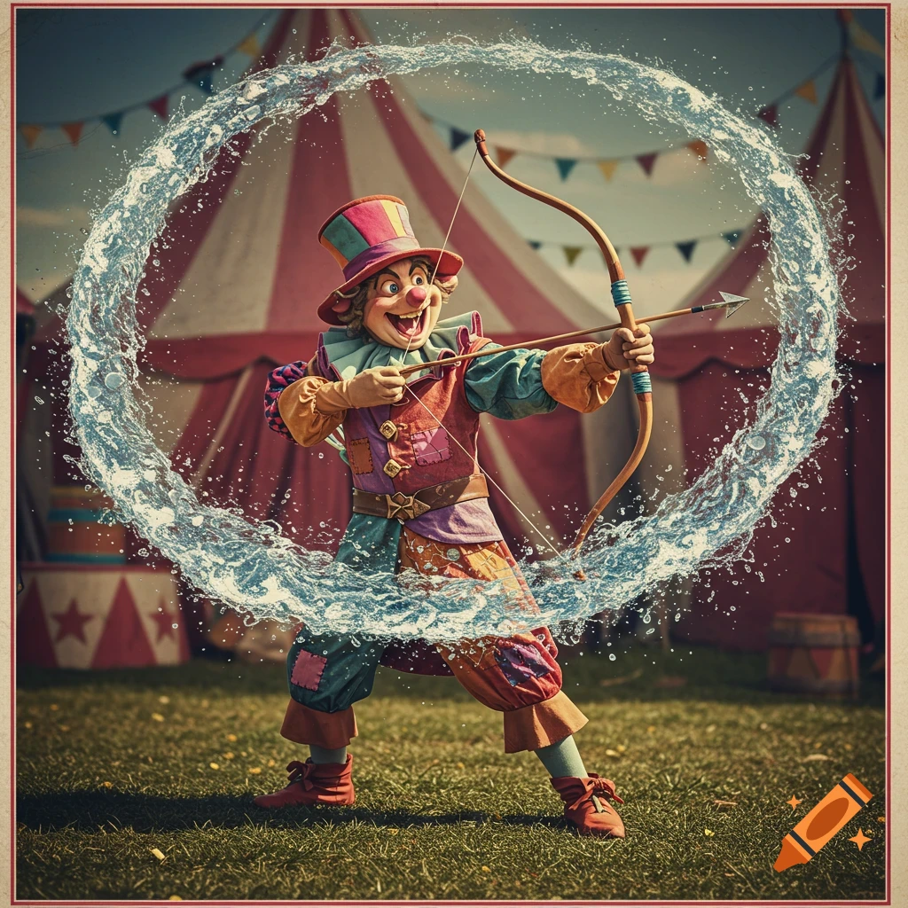 A goofy clown archer aims a bow, surrounded by a ring of water splashes, in front of a circus tent.