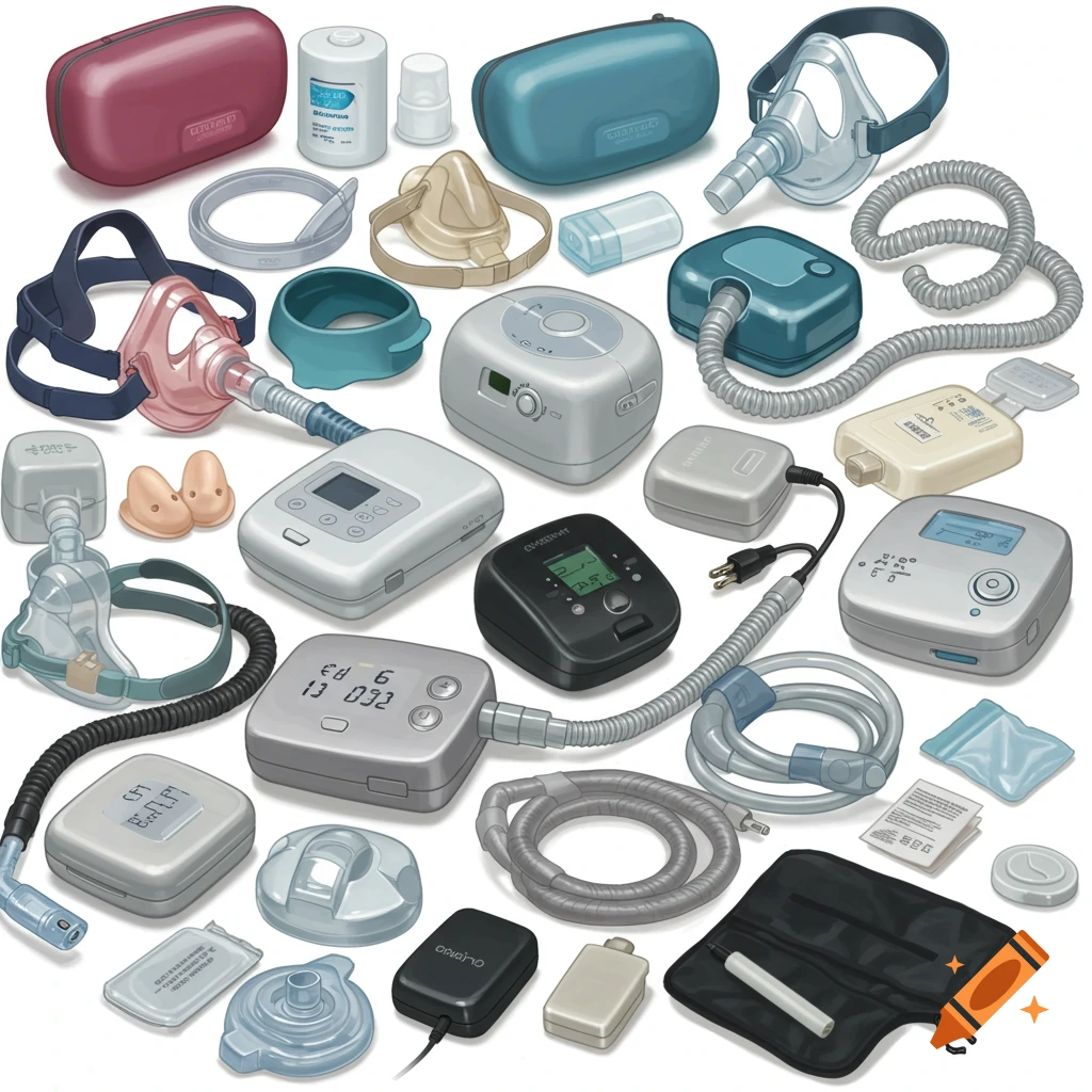 A flat lay arrangement of various CPAP machines, masks, hoses, and accessories.