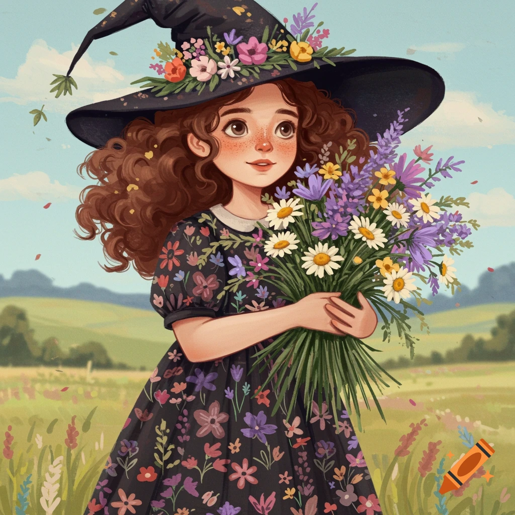 Illustration of a girl in a floral dress and witch hat holding a large bouquet of flowers in a field.