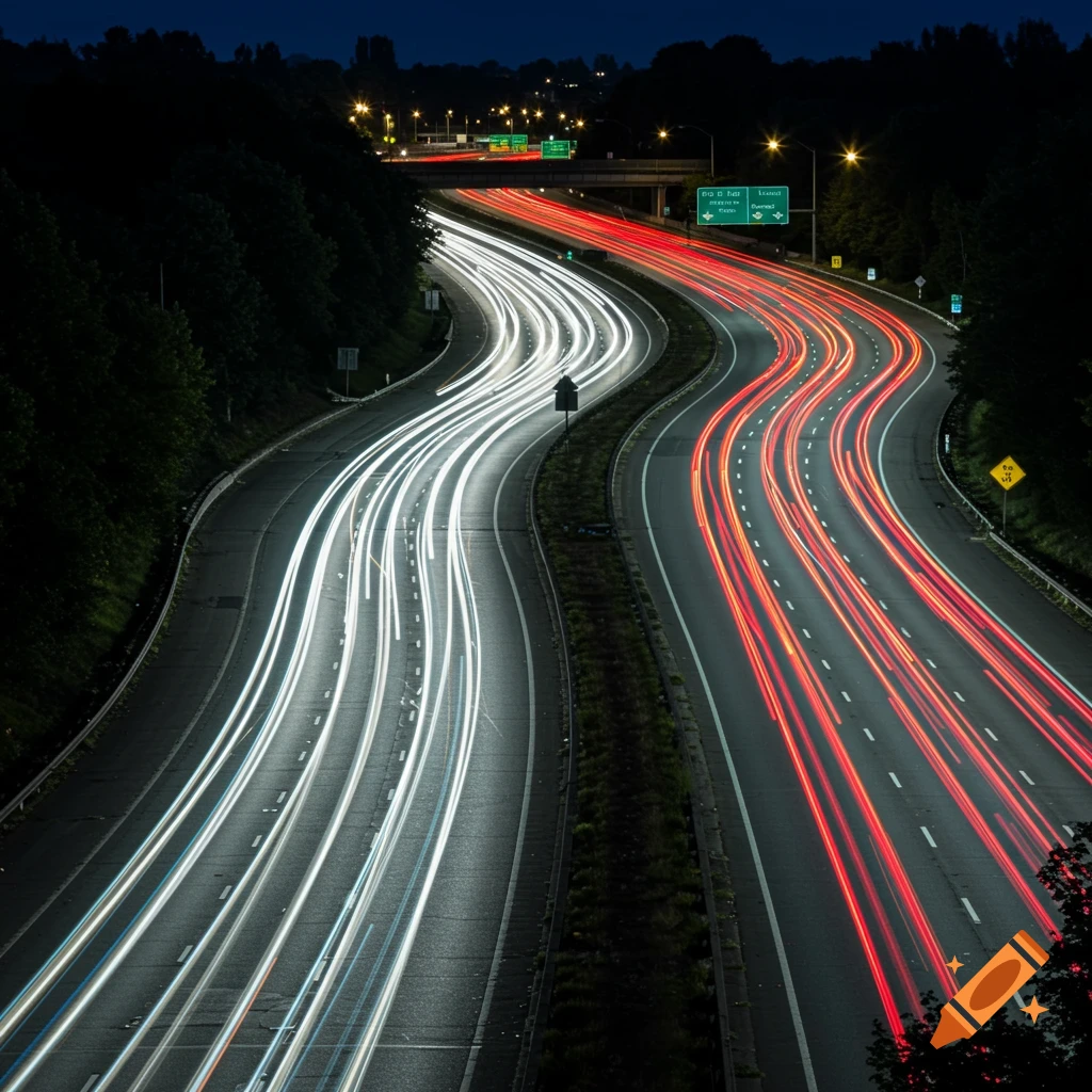 Long exposure photograph of white and red light trails from cars on a highway at night.