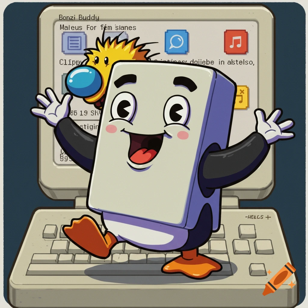 Cartoon characters based on computer mascots on a vintage computer keyboard.
