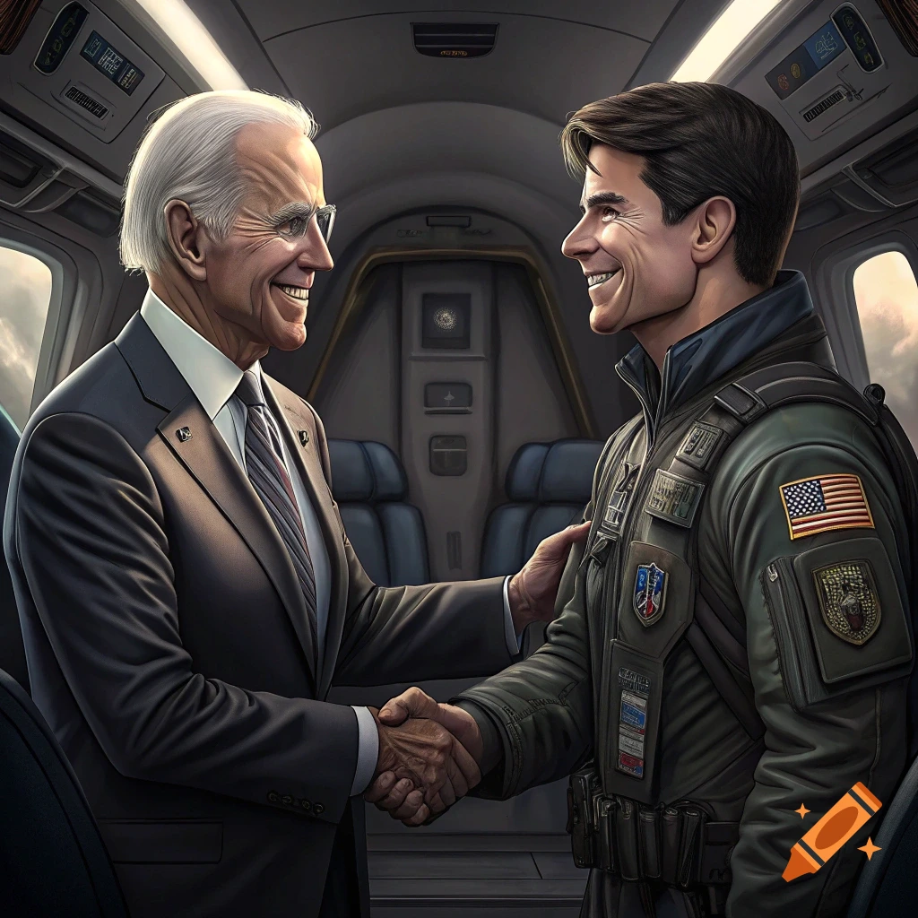 Joe Biden shaking hands with Tom Cruise dressed as a pilot inside a jet.