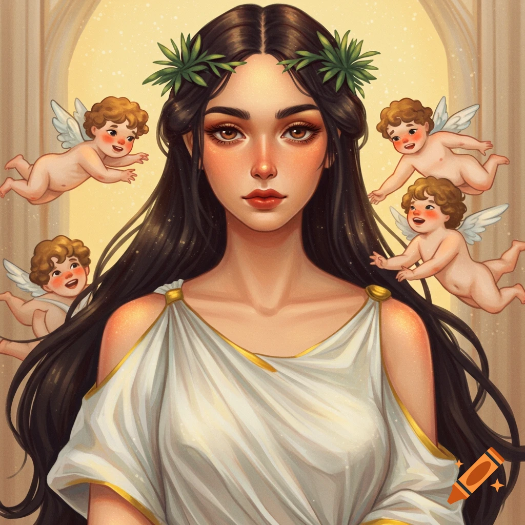 An illustration of a woman with long dark hair and a white classical dress surrounded by flying winged cherubs.