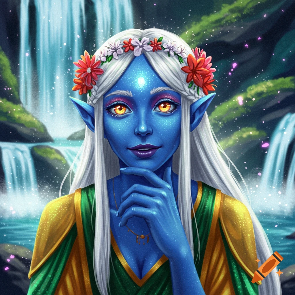 Digital illustration of a blue-skinned female elf with white hair and flower crown near a waterfall.