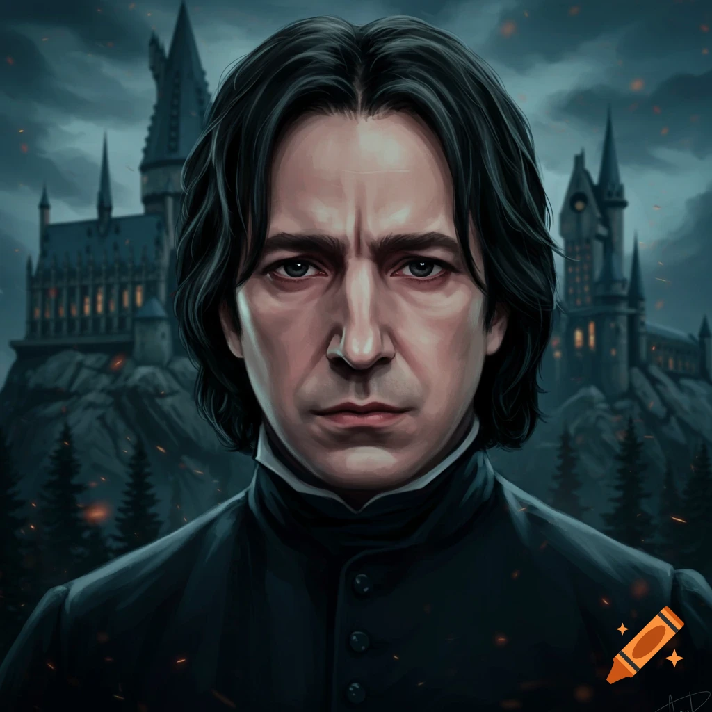 Portrait of Professor Snape in front of a castle.
