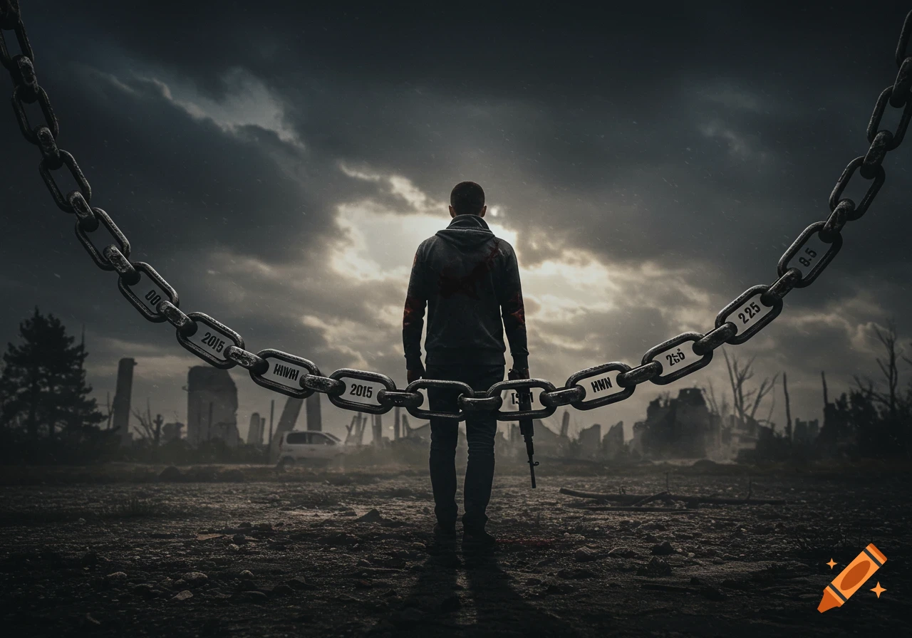 Person standing in a ruined landscape under a dark sky, framed by chains with numbers.