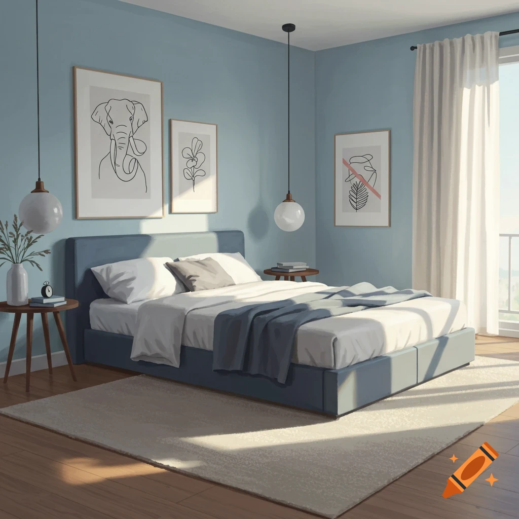 Minimalist bedroom with blue walls, bed, and framed line art.