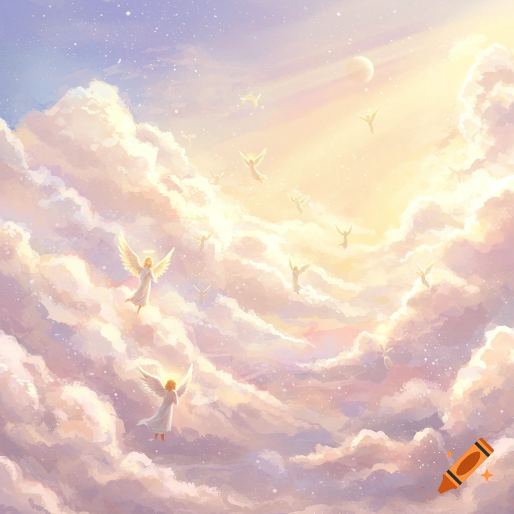 Numerous angels with wings fly through bright, swirling clouds in a stylized sky with stars and a moon.