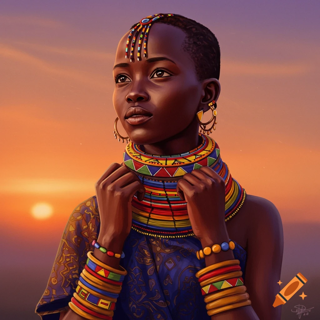An African woman wearing colorful beaded jewelry against a sunset background