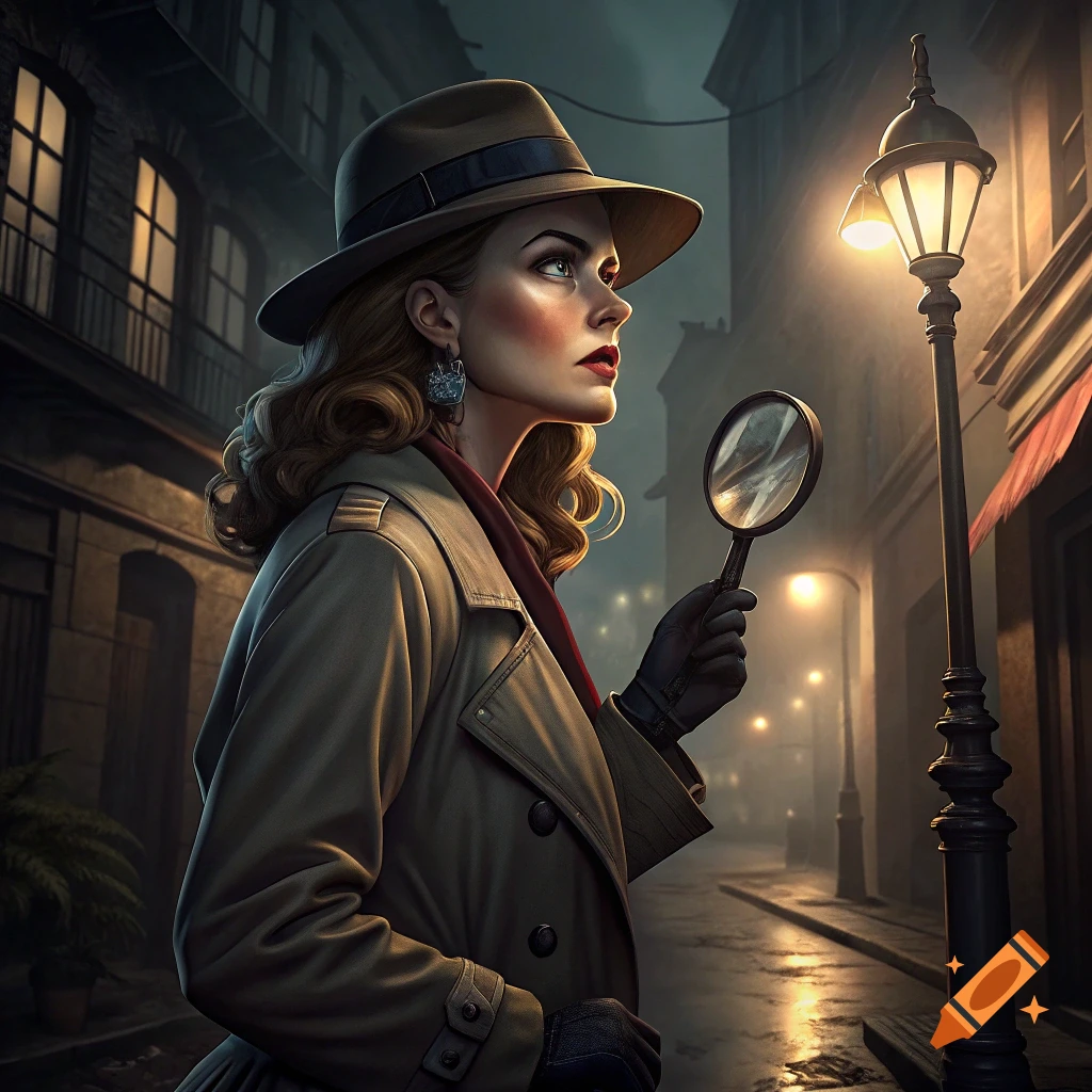 Kate Panuska as a film noir spy with hat and magnifying glass