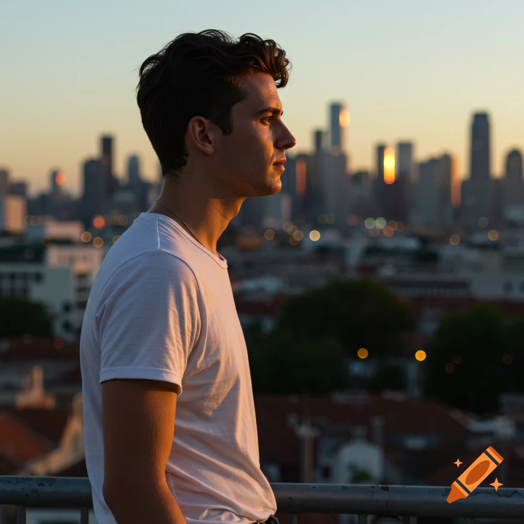 Young man in profile looking at a city skyline at sunset.