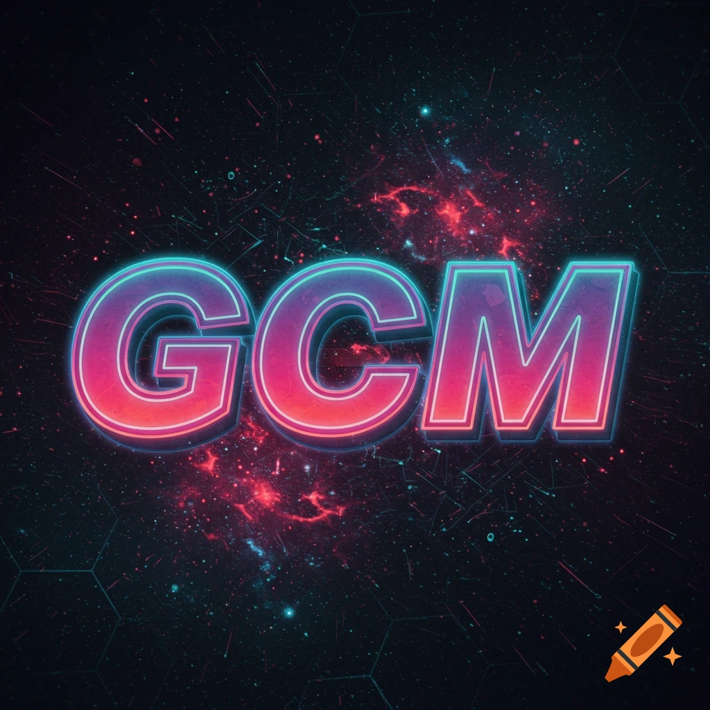 Glowing pink and blue text 'GCM' against a dark space background with nebulae and hexagonal grid.
