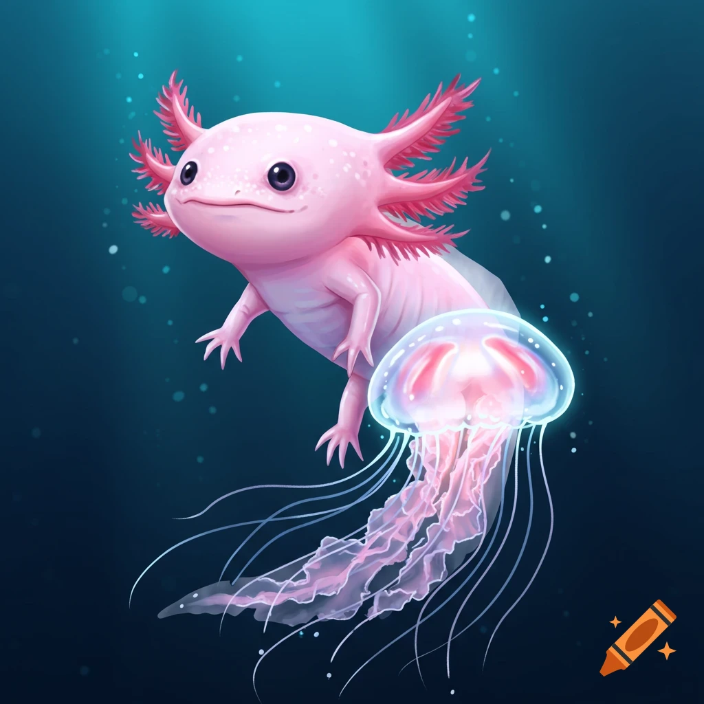 Illustration of a cute pink axolotl-like creature swimming underwater with a glowing pink jellyfish.