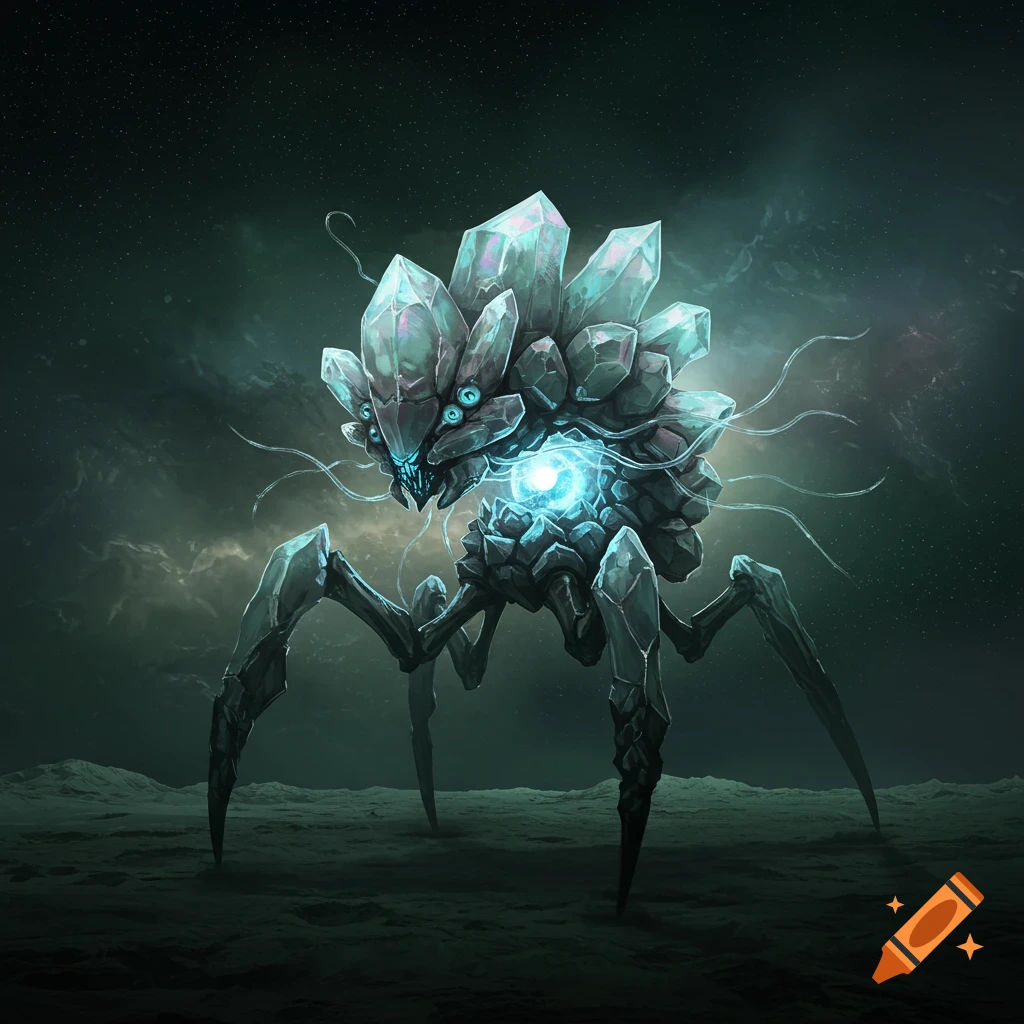 Digital illustration of a crystal alien creature standing on a dark, bumpy planet under a starry, cloudy sky.