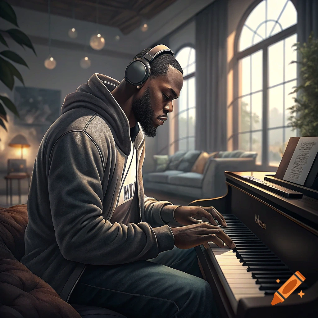 A man wearing headphones plays a piano in a sunlit room.