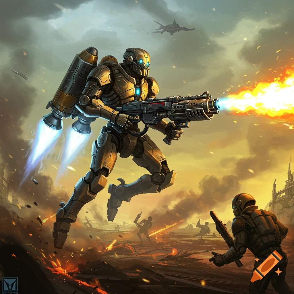 Sci-fi illustration of a robot with a jetpack flying and firing a futuristic weapon during a ground battle.