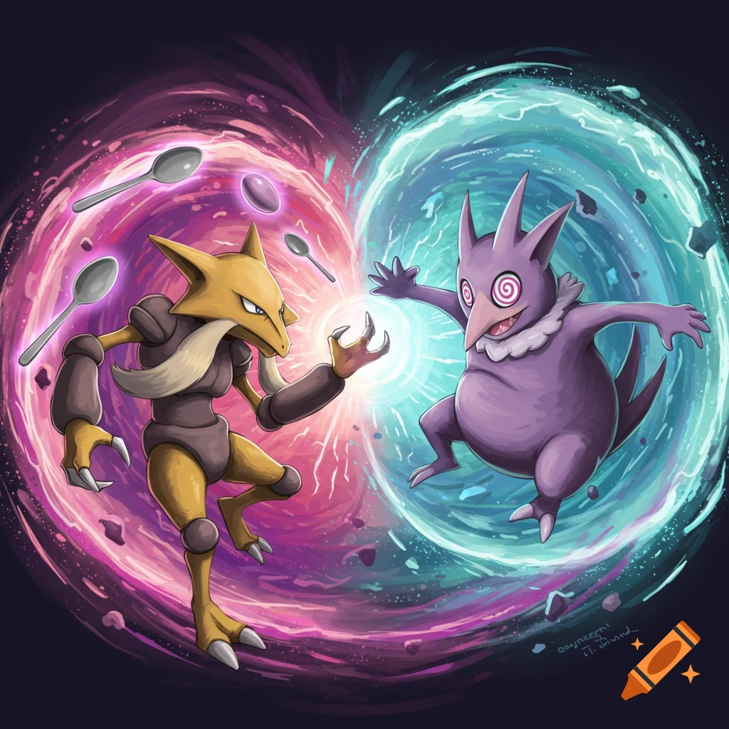 Pokemon Alakazam and Hypno battle with psychic energy and floating spoons.
