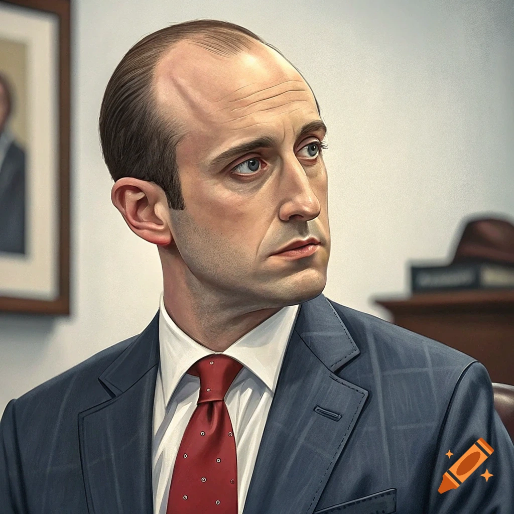 A man in a blue suit and red tie looks away in a formal setting.