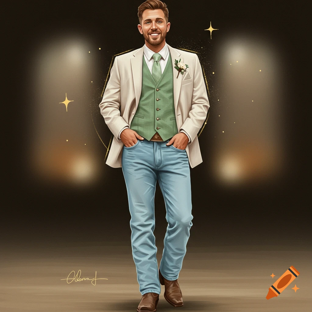 Illustration of a smiling man in a beige jacket, green vest, and jeans, standing against a dark background with sparkles.