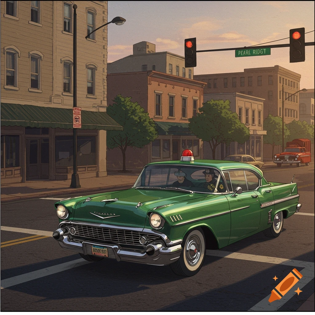 Illustration of a green classic car with a red light on top, driving through a stylized street intersection.