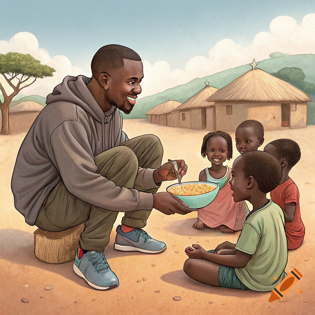 Illustration of a man feeding children from a bowl in an African village setting.