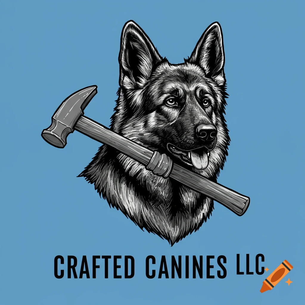 Stylized black and white illustration of a German Shepherd holding a hammer, with the text CRAFTED CANINES LLC below.