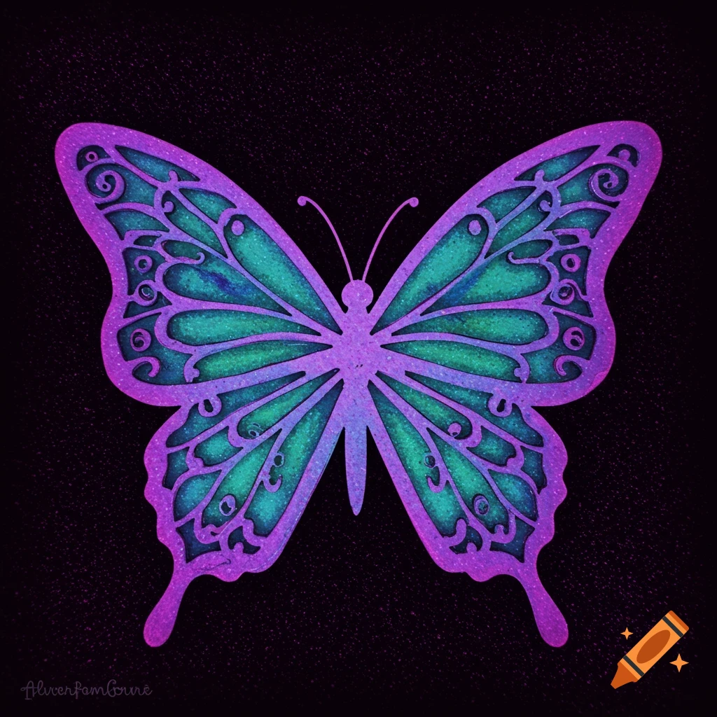 Stylized purple and teal glitter butterfly on a black background