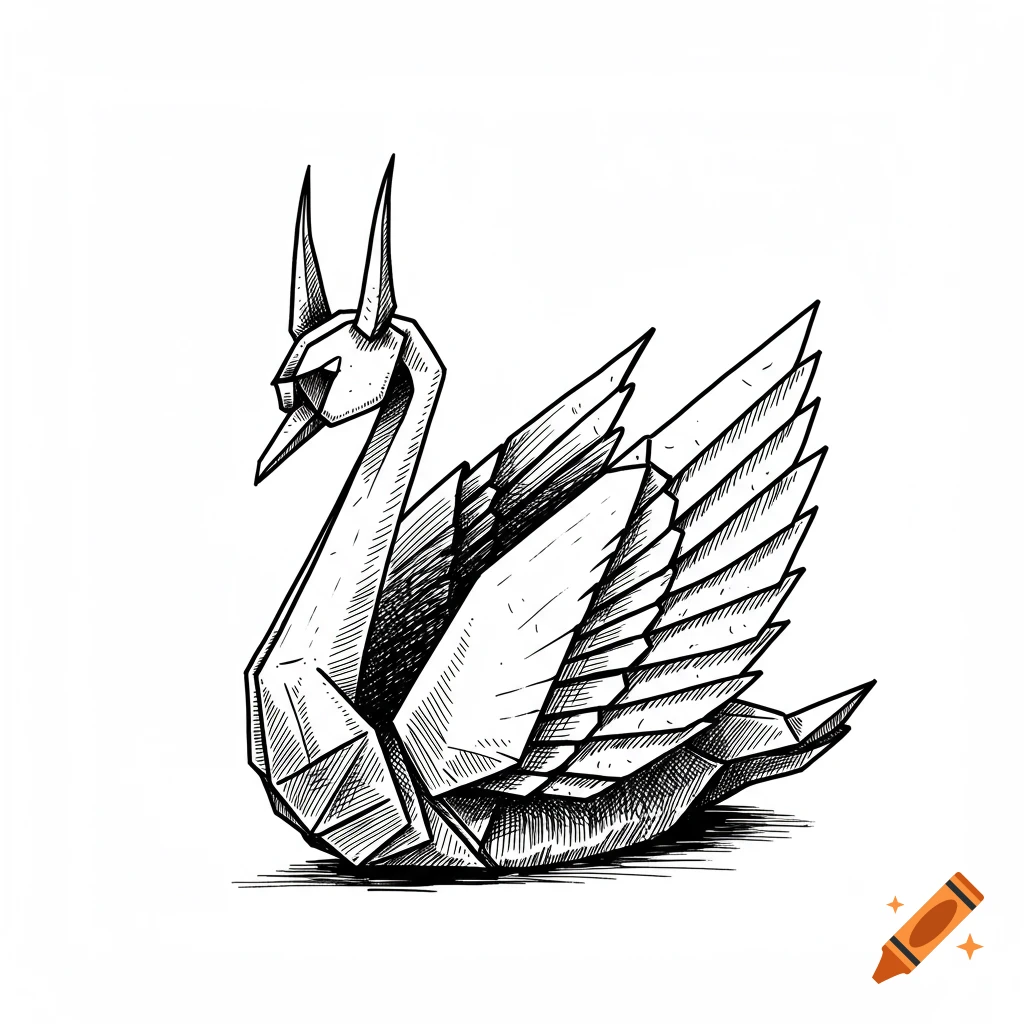 Black and white sketch of an origami swan with horns.