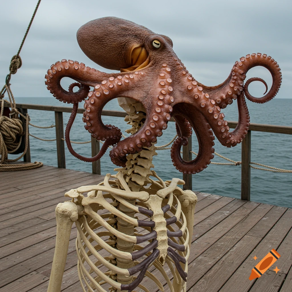 A skeleton with an octopus for a head stands on a wooden deck by the sea. Photorealistic style.