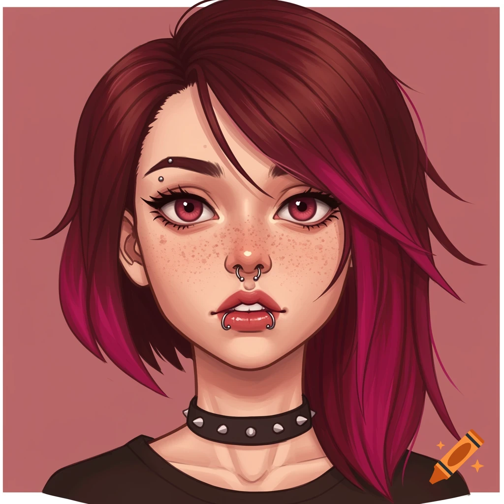 Illustrated portrait of a young person with red-tipped brown hair, facial piercings, and a spiked choker.