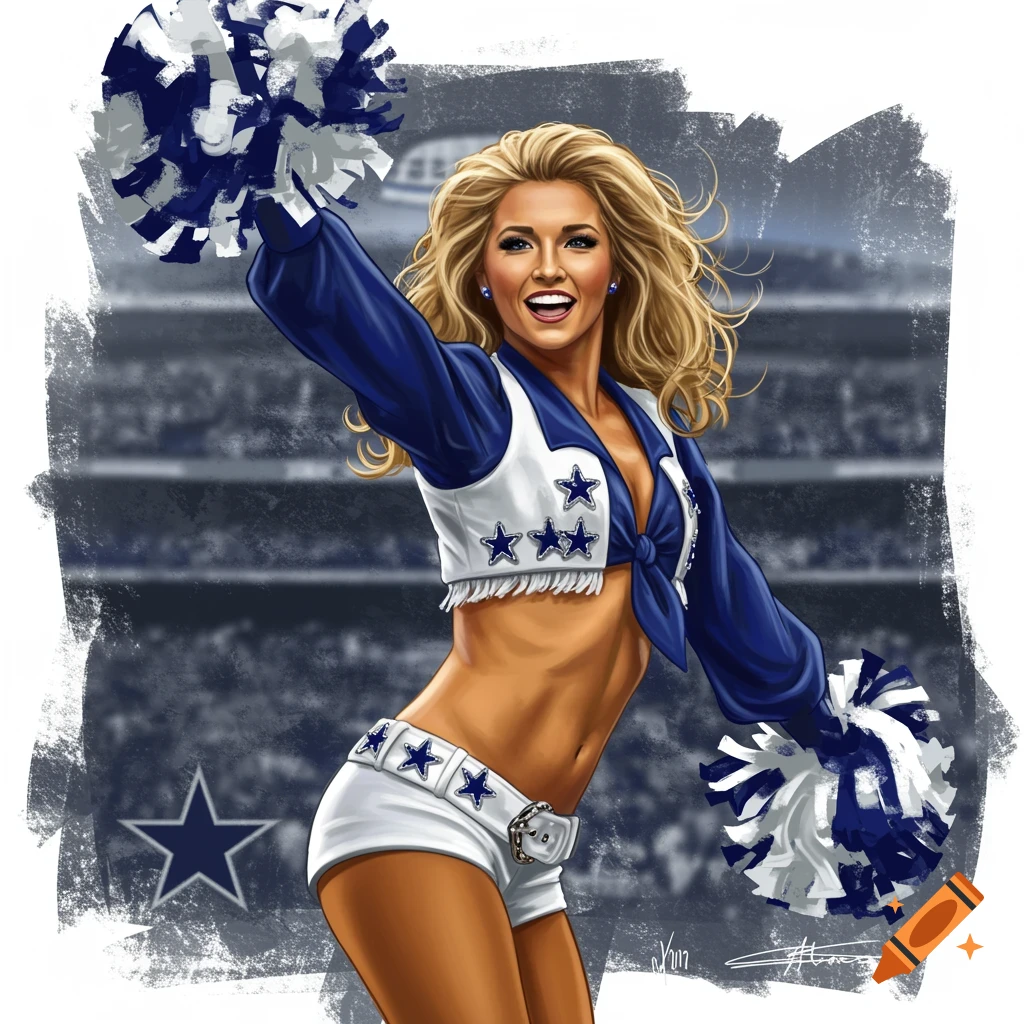 Illustration of a Dallas Cowboys cheerleader holding pom-poms in a stadium.