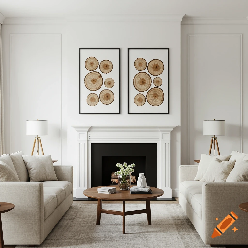 Photorealistic living room with beige sofas, coffee table, fireplace, and framed art above.