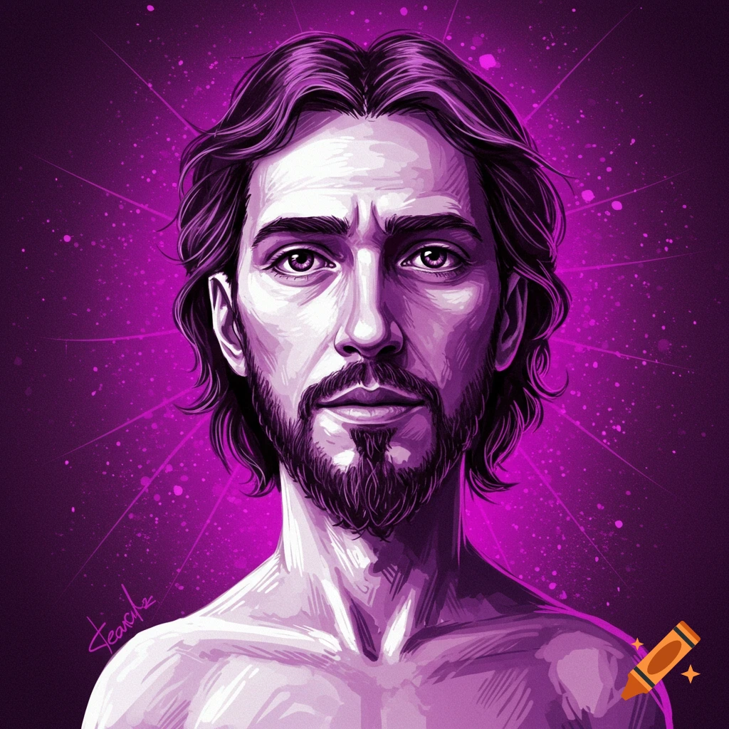 Stylized purple portrait of a man resembling Jesus with a beard and long hair, glowing background.