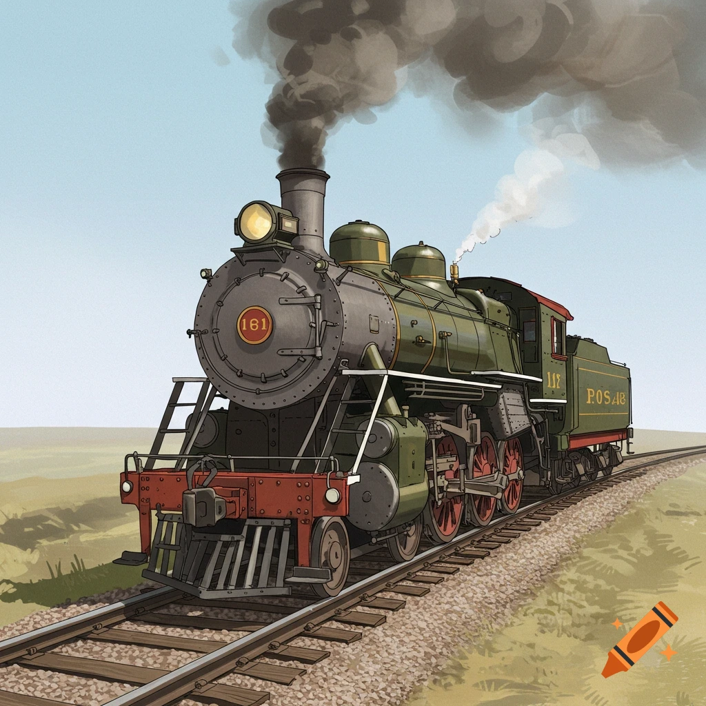 An illustration of a green and black steam locomotive on a track.