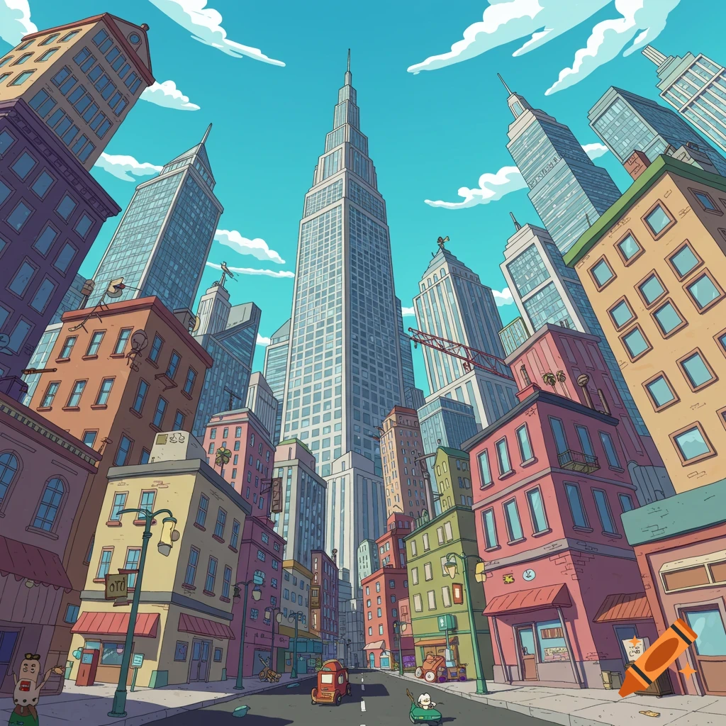 Cartoon style city background with skyscrapers